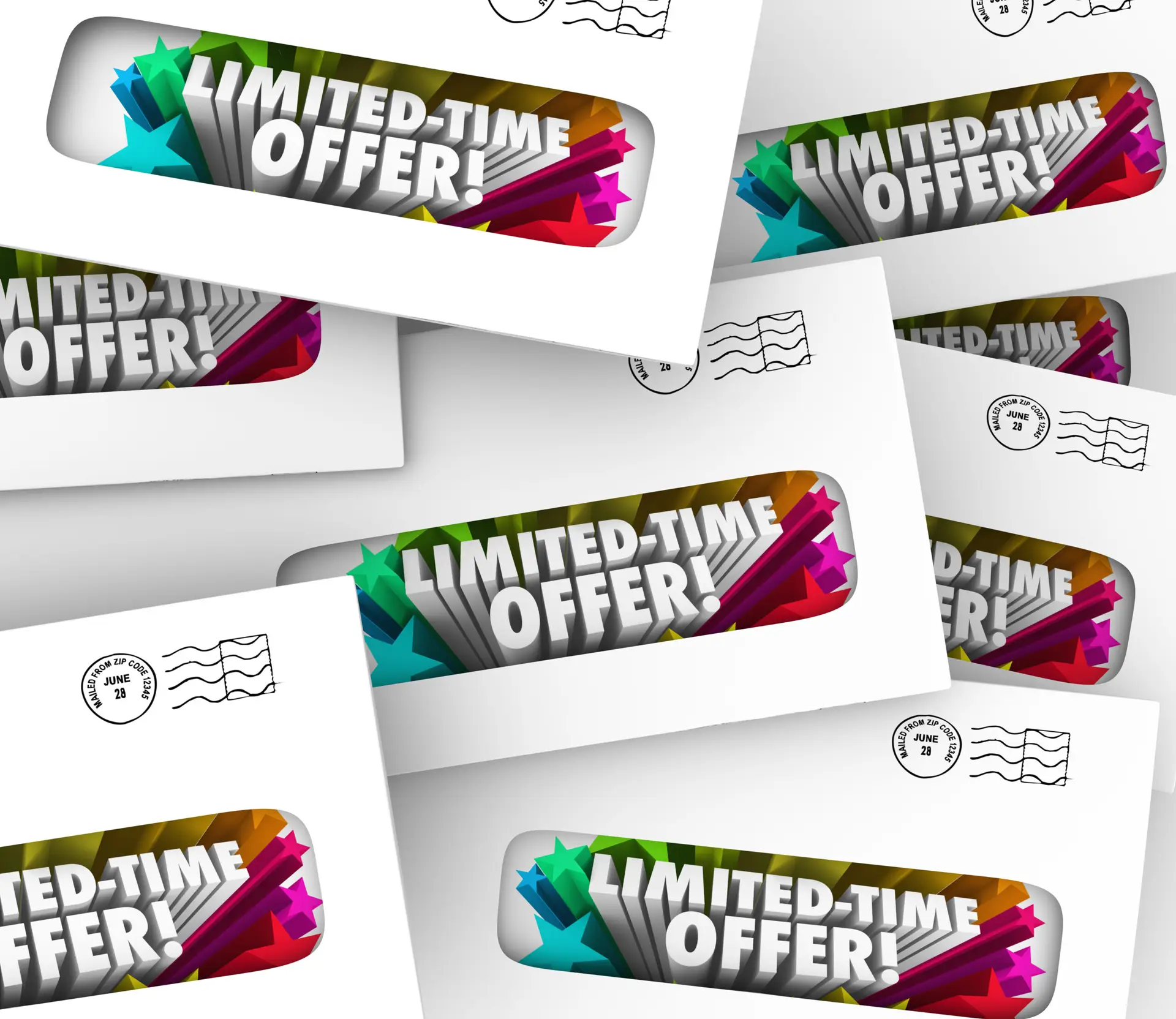 Limited Time Offer words in white envelopes as junk or direct mail bombarding you with advertising for a special sale or discount shopping event