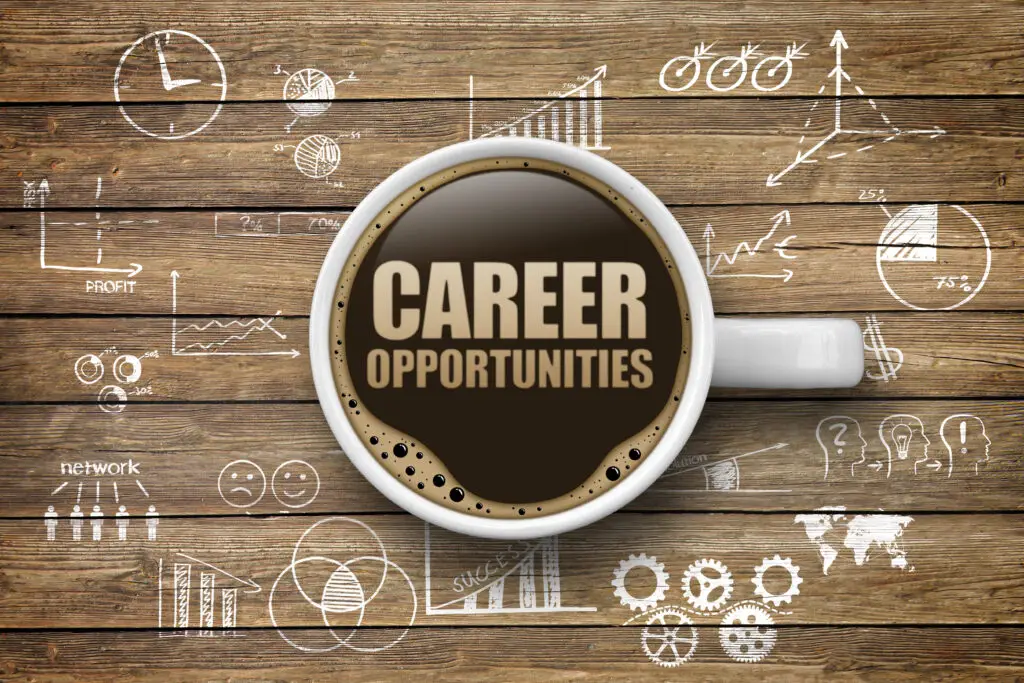 career opportunities spelled out in coffee mug with graph information down in chalk on board in the background
