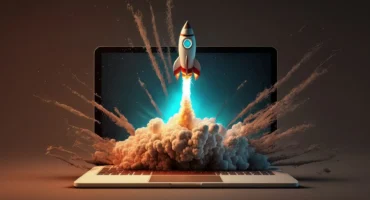 Launching Space Rocket From Laptop Screen. Generative AI